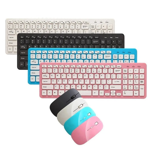 Black wireless keyboard and mouse set with 96 keys and a small USB receiver on a desk.