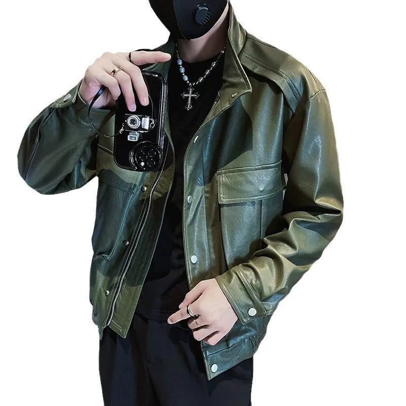 Men's black Korean-style PU leather jacket with straight hem and side pockets for spring and autumn wear