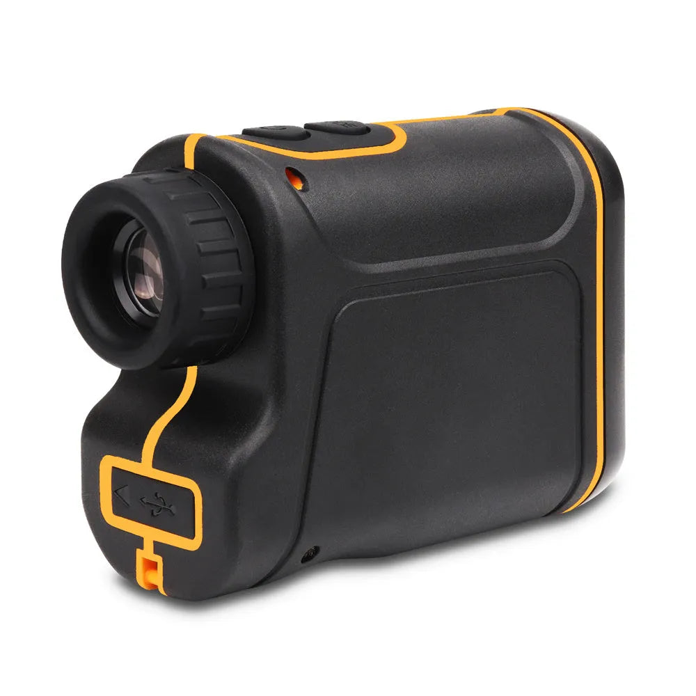 Handheld golf laser rangefinder device showing compact design for distance measurement.