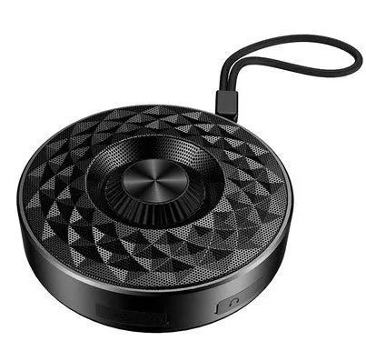 Compact Bluetooth mini speaker in black, orange, or silvery white with wireless stereo pairing and aux input
