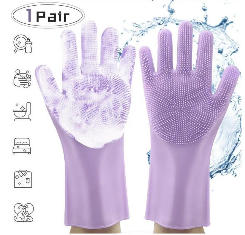Silicone cleaning gloves with textured scrubbing surface in assorted colours