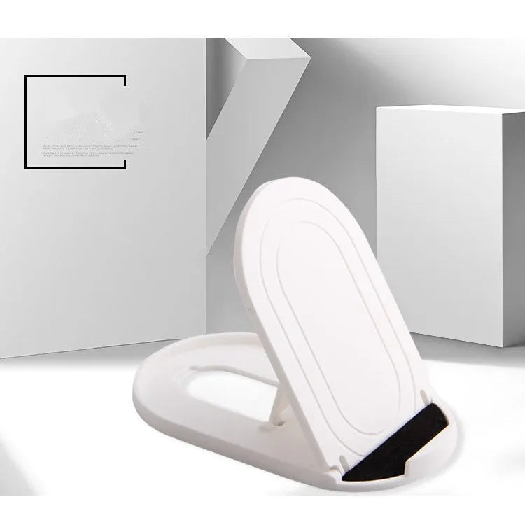 Plastic mobile phone stand with adjustable lazy bracket in six colour options on tabletop