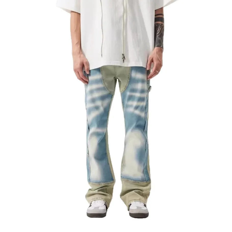 Yellow and blue retro patchwork jeans with splash-ink damaged design, mid waist and straight leg