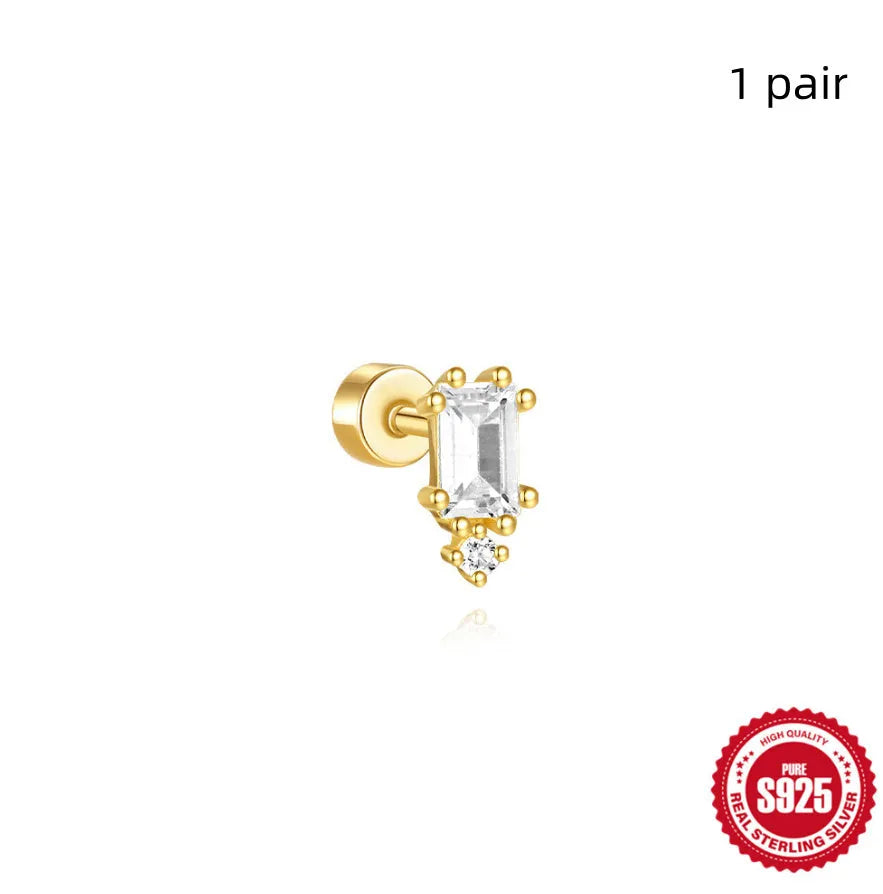 S925 sterling silver flat column thread geometric ear bone stud in a gold tone finish.