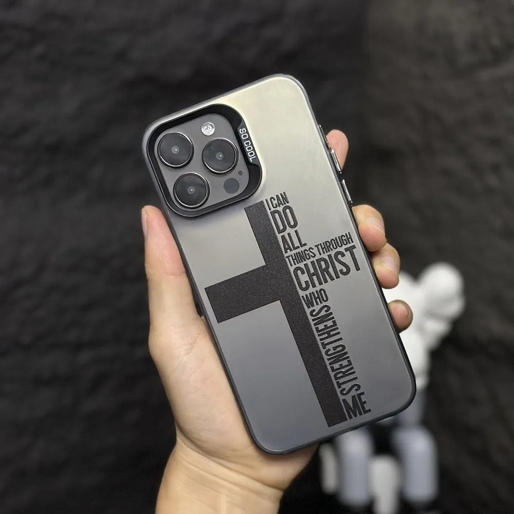 Hard PC phone case for Apple iPhone, coloured silver shell with black cross design, drop-resistant with magnetic