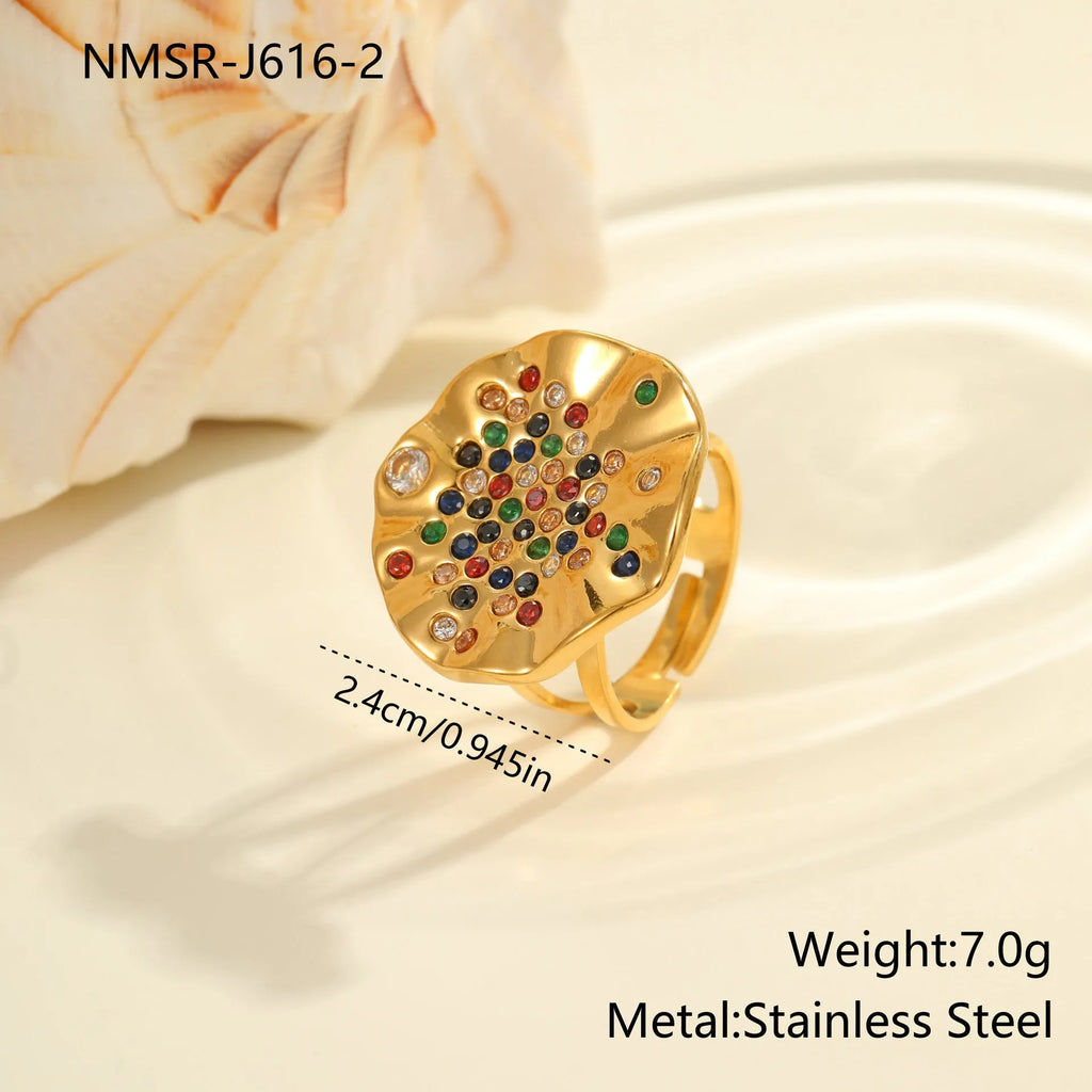 Geometric adjustable stainless steel ring with colourful crystal inlay and open mouth design