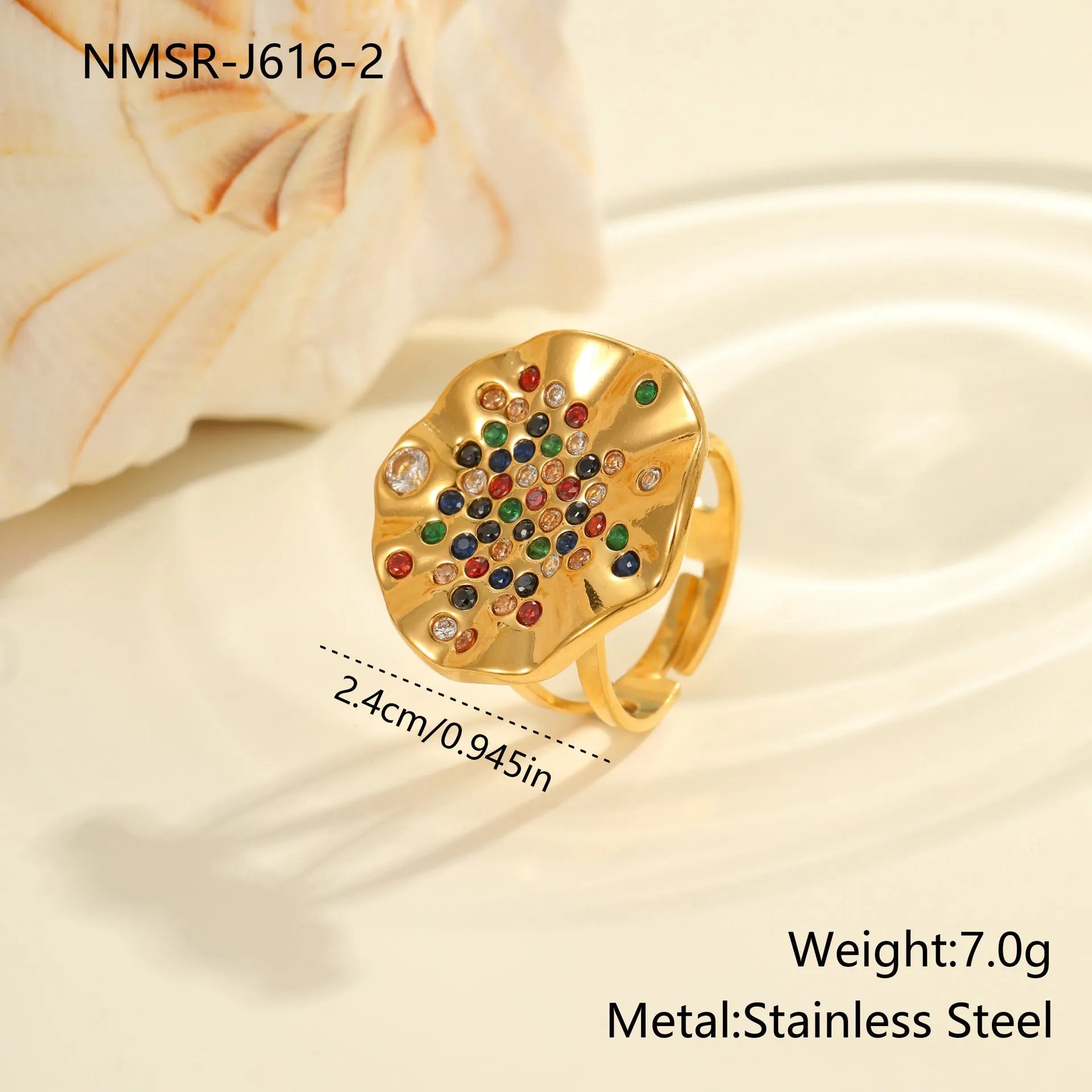 Geometric adjustable stainless steel ring with colourful crystal inlay and open mouth design