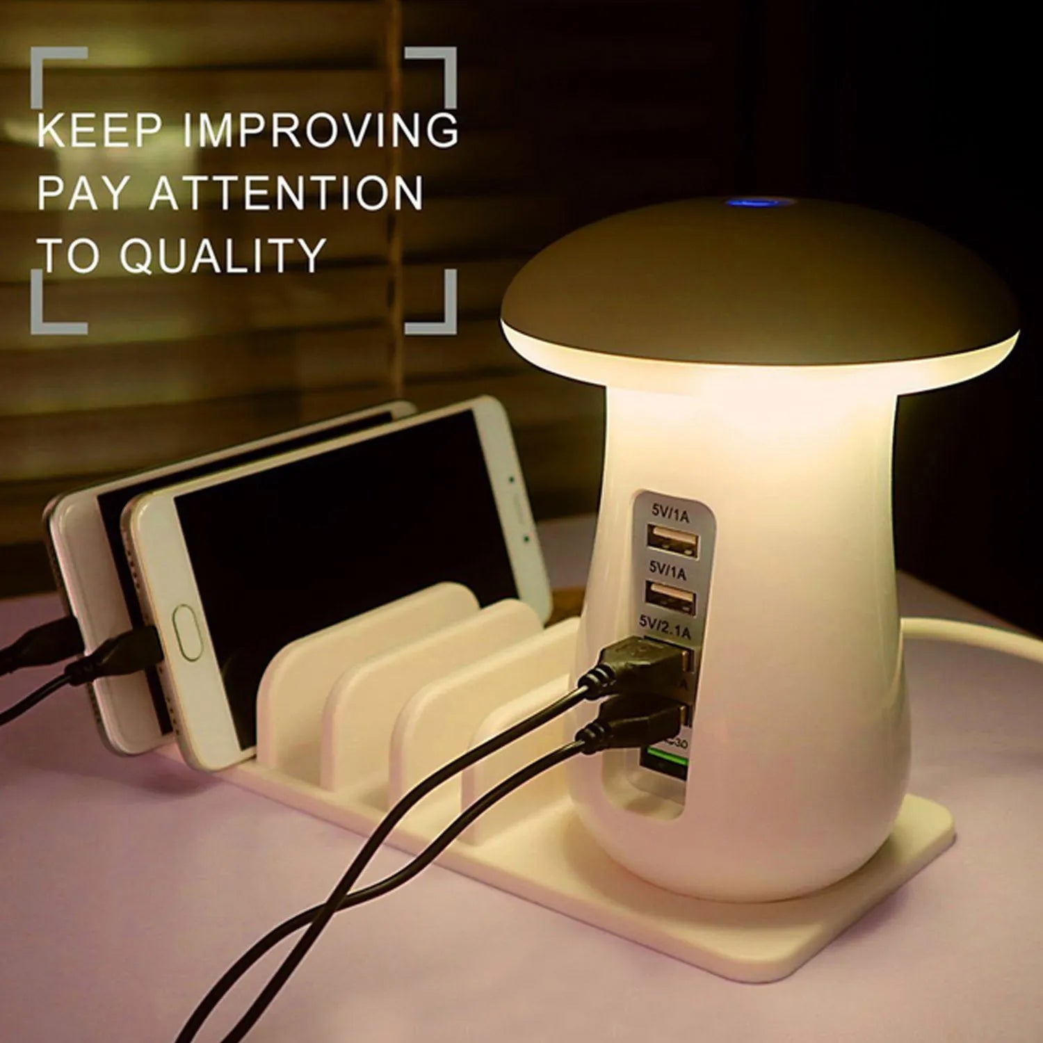 Mushroom-shaped white USB charging dock with 5 ports and integrated LED night lamp on desk