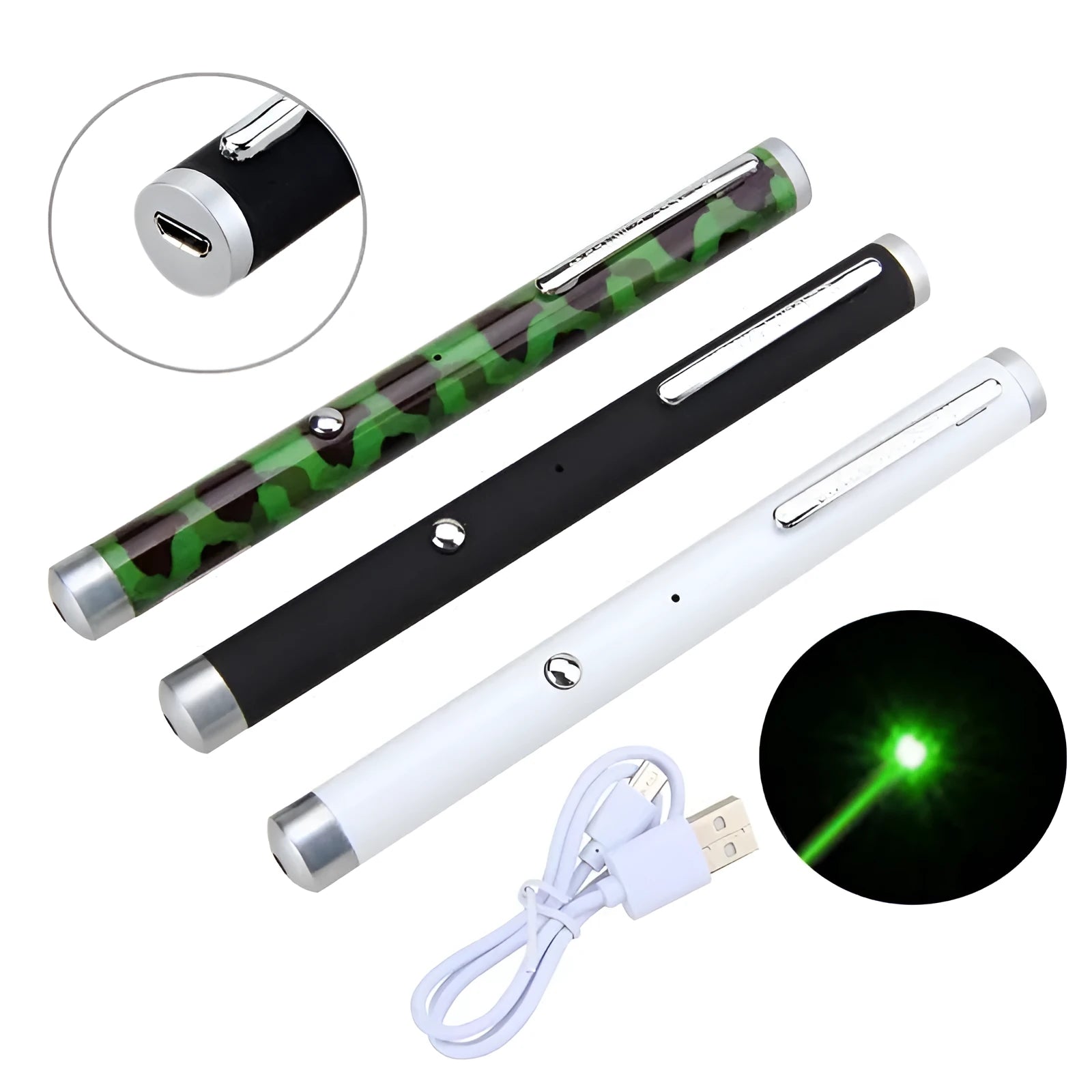 Green laser pointer pen with 5mW output in black, camouflage, or white colour options