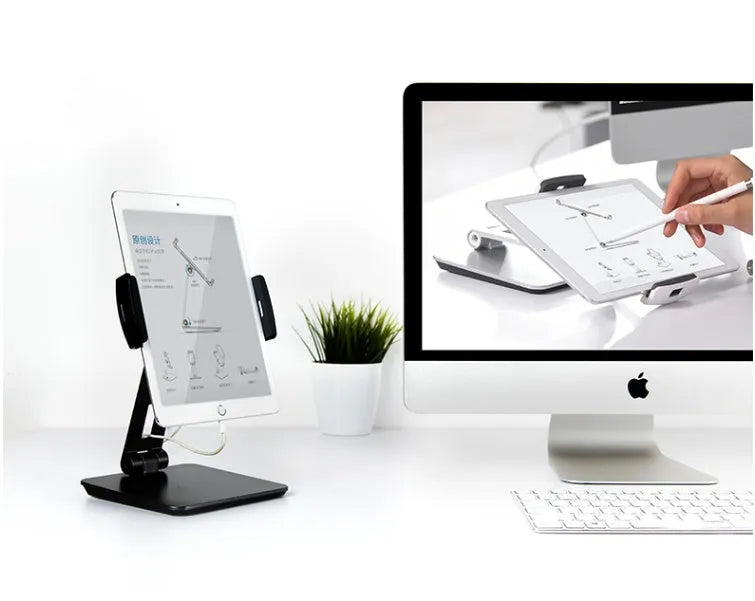 Foldable aluminium and ABS desktop stand holding a tablet at an angle.
