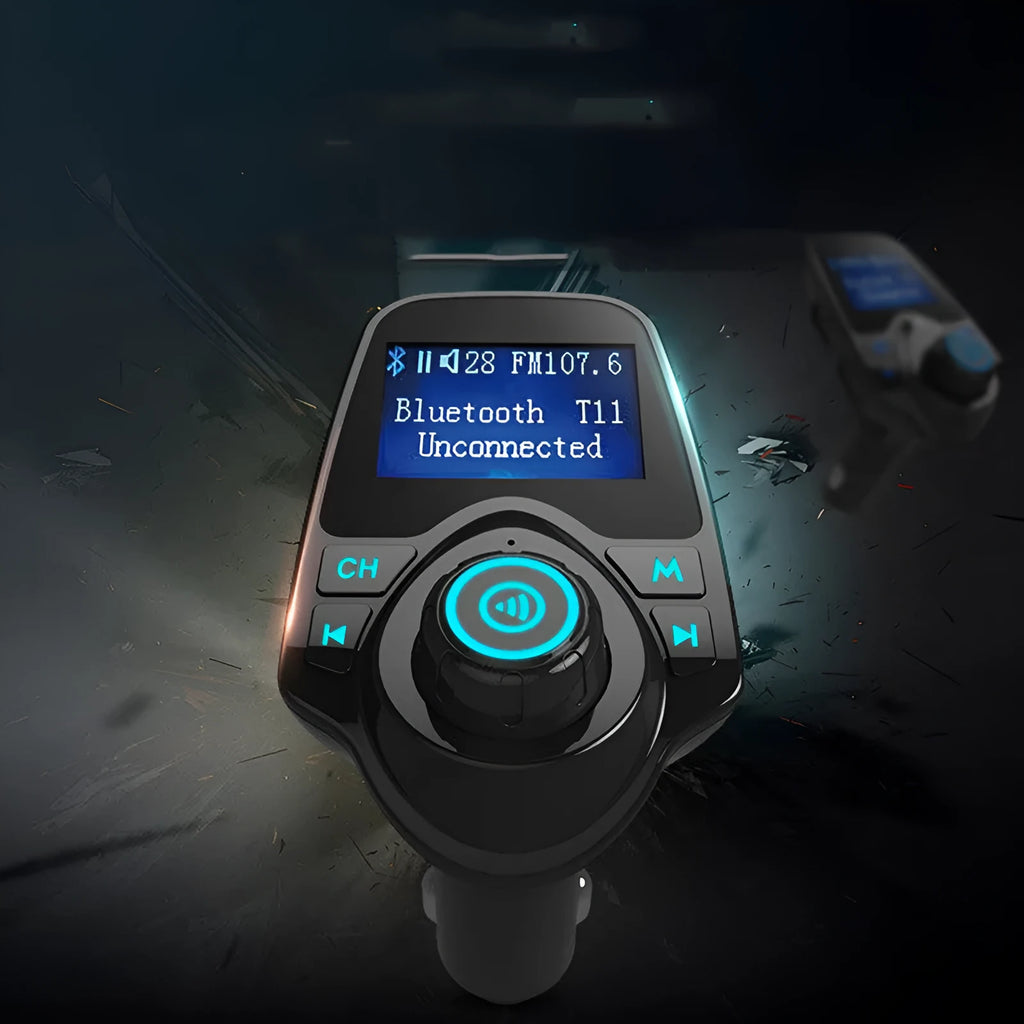 Black car Bluetooth hands-free FM transmitter with USB port and TF card slot.