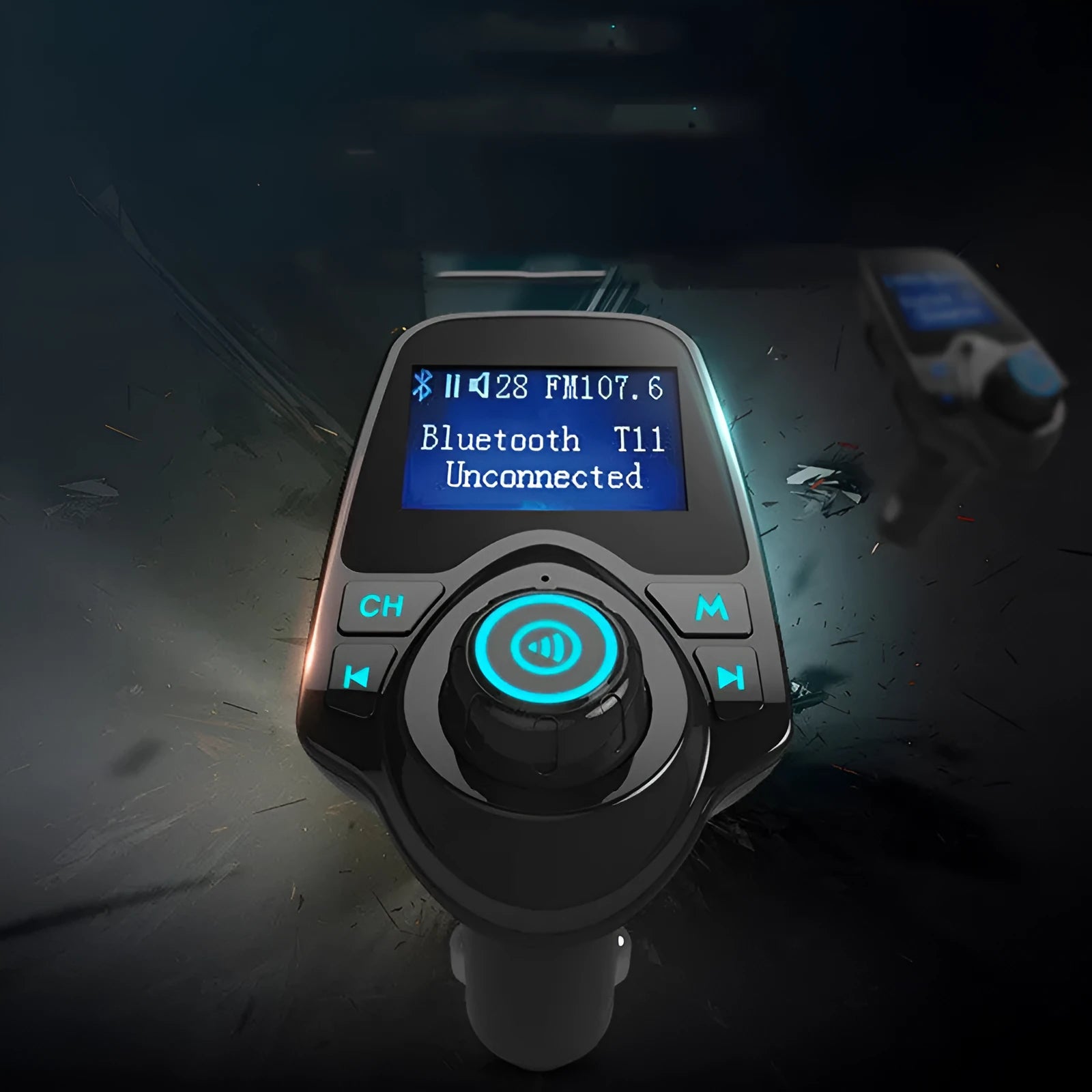 Black car Bluetooth hands-free FM transmitter with USB port and TF card slot.