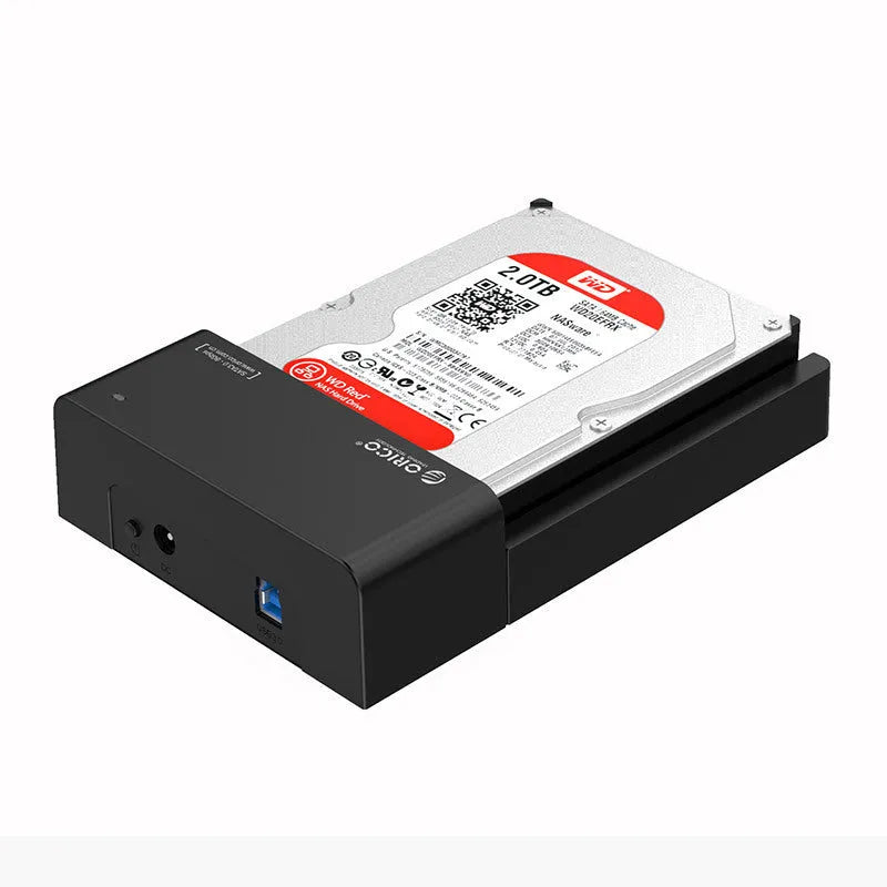 Black universal hard disk enclosure for 2.5 and 3.5 inch SATA drives with data cable