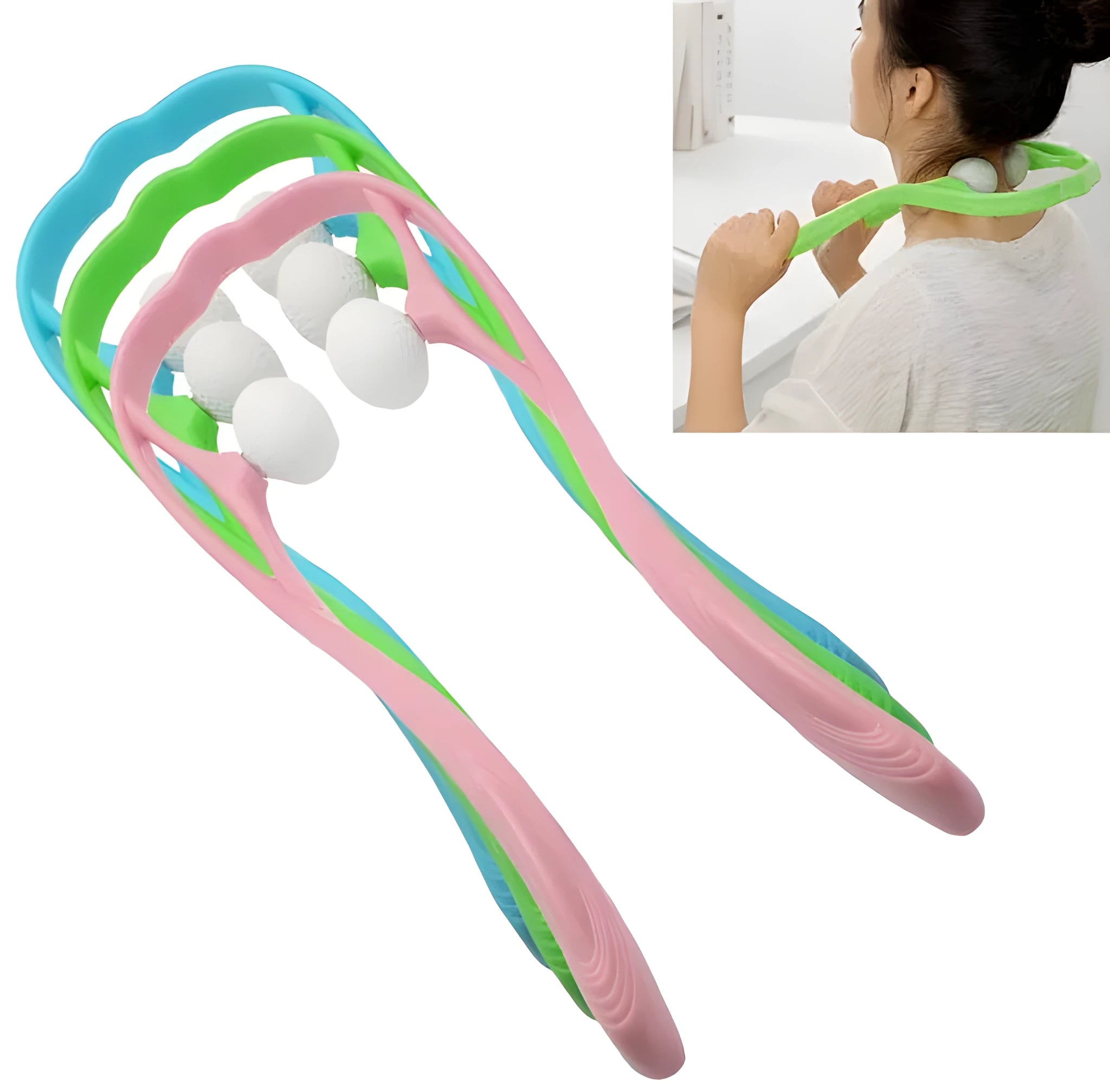 Blue plastic hand-held neck massager with adjustable rollers on a flexible stand.
