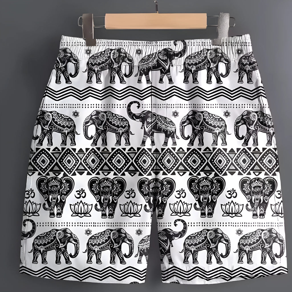 Men's casual polyester shorts in camouflage print, laid flat to show size and pattern.