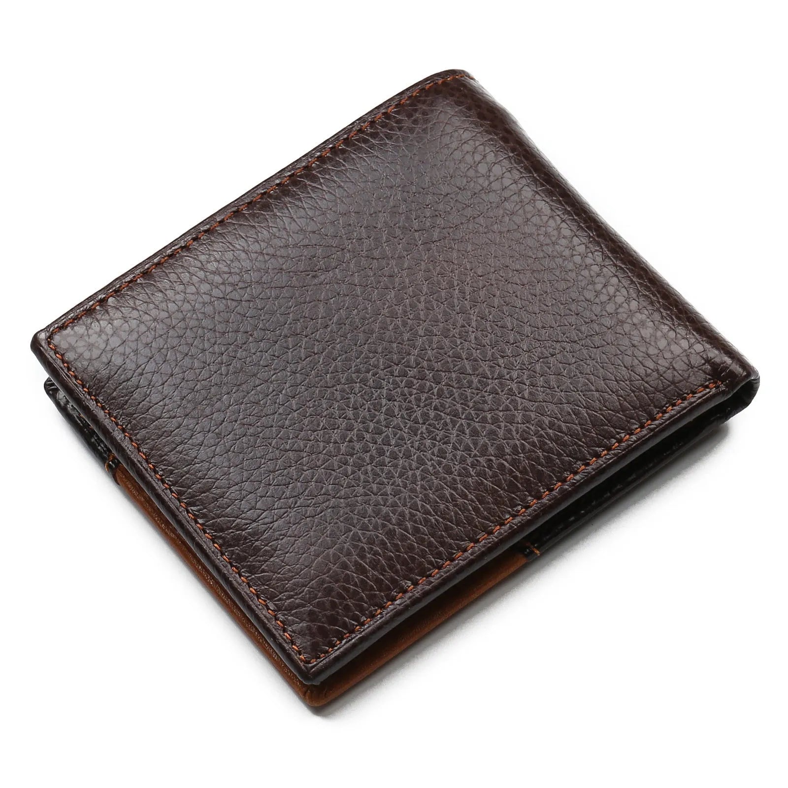 Soft cowhide leather men's wallet with cross-stitch detail, shown open to reveal bill holder, card slots, and zip compartment.