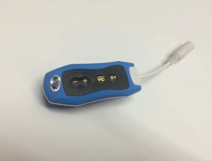 Compact black Bluetooth MP3 player with attached earphones, shown next to a USB cable.