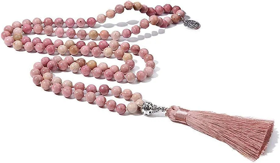Handmade knotted beaded necklace with stone pendant showing 108 beads and geometric design