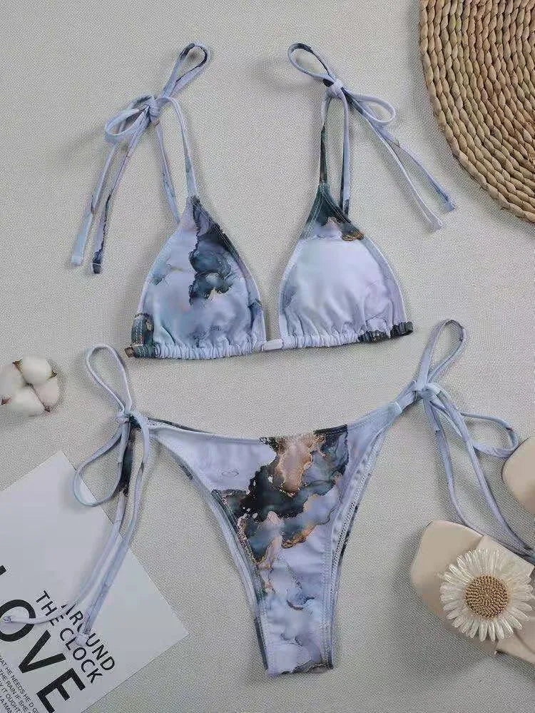 Women's marble tie-dye high-waist bikini with U-neck top for swimming.