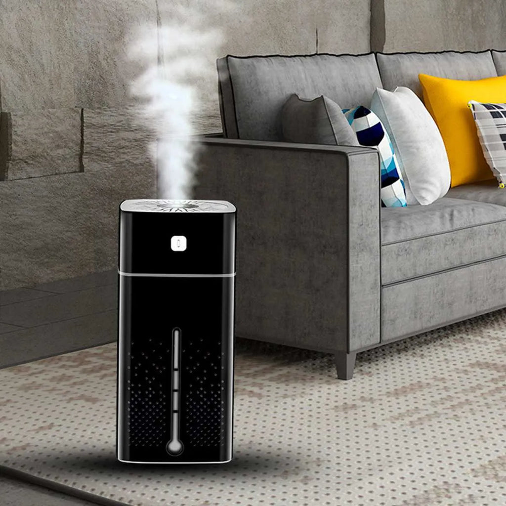 Black and white desktop humidifier measuring 103mm x 103mm x 218mm with 1000ml water capacity