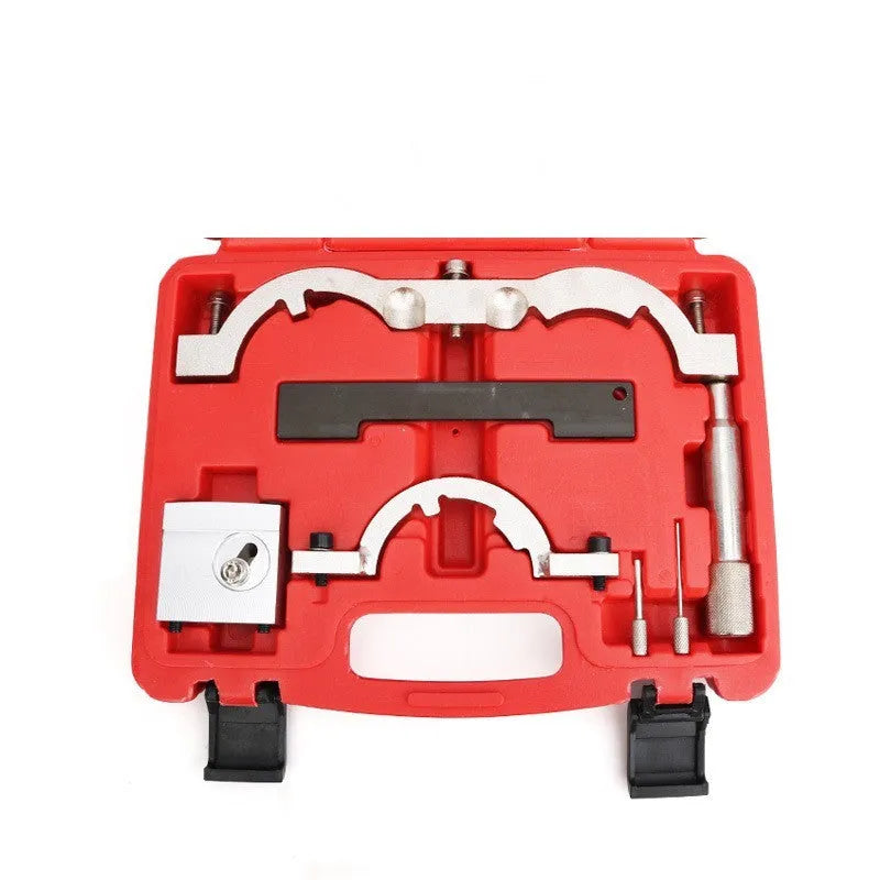 Red chrome-vanadium steel Opel 1.4 LUJ engine timing tool kit with seven pieces.