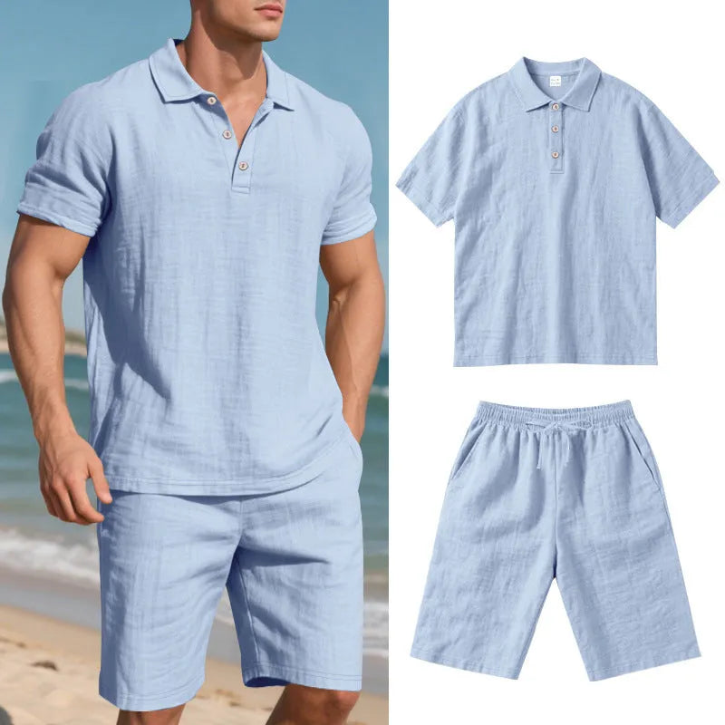 Men's loose-fit linen blend shorts suit in light blue for summer, showing short-sleeve shirt and matching shorts.