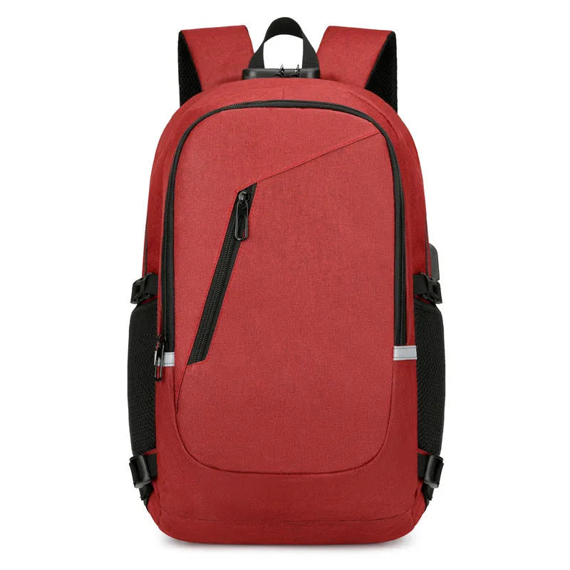 Grey Oxford cloth computer backpack with street trend style, shown with laptop compartment and front pocket.