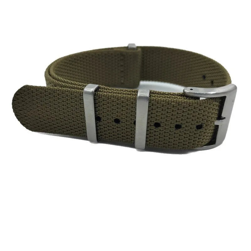 Nylon integrated watch strap in military colours showing 20mm and 22mm width options