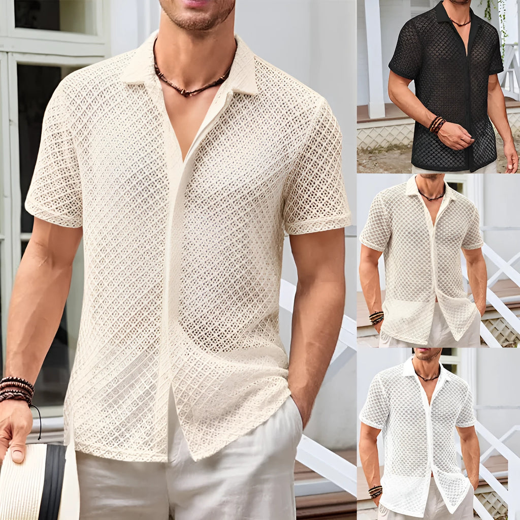 Men's short sleeve lapel shirt in mesh fabric available in beige, black, and white colours