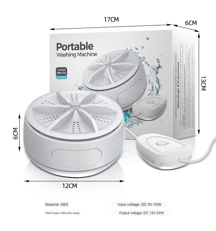 White ABS plastic portable turbo washing machine with remote control, USB power, and colour box packaging
