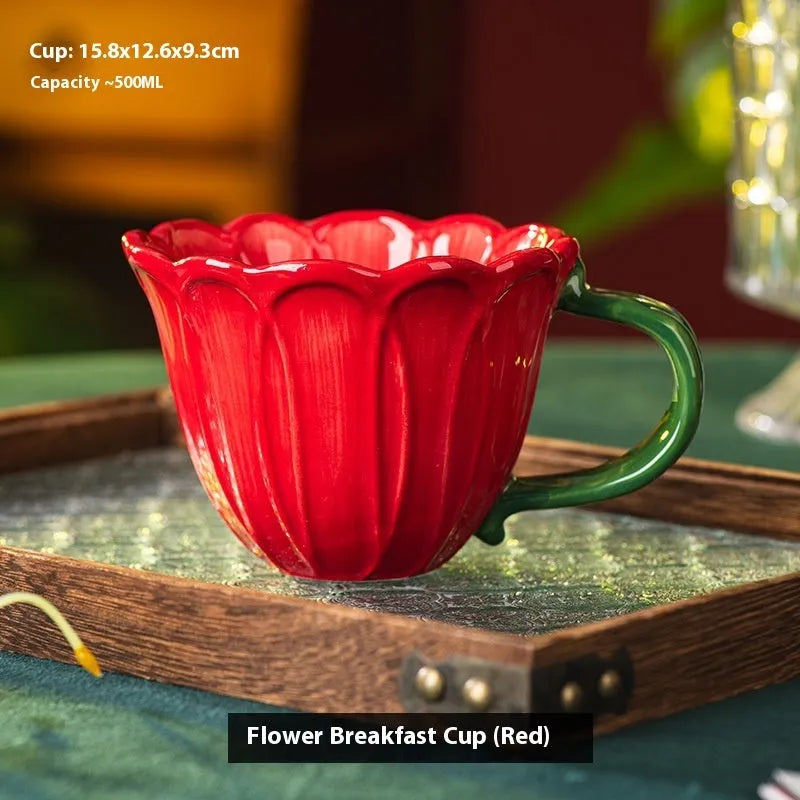 Ceramic breakfast cup with flower pattern, 500ml capacity, pastoral style in red or purple