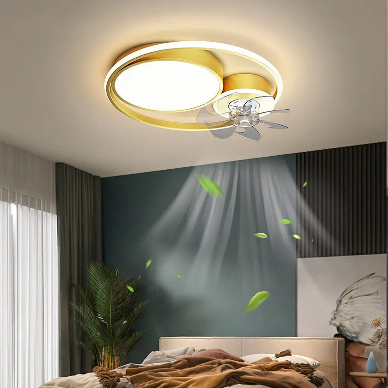 Nordic style overhead fan light with metal blades and acrylic lampshade in black or gold finish