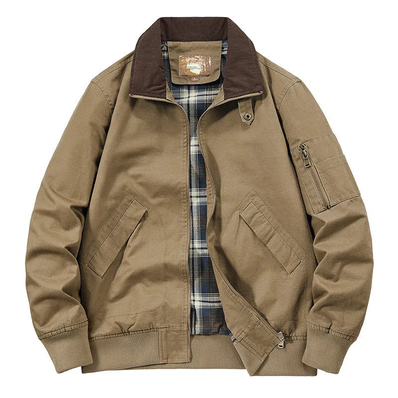 Men's washed cotton baseball jacket in Army Green, shown on a hanger.