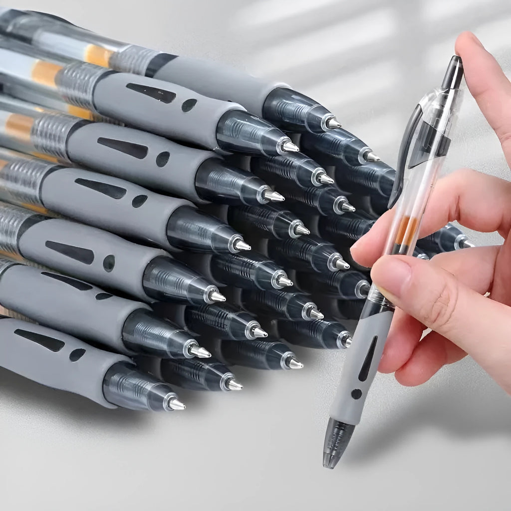 0.5mm plastic gel pen with black, red, and blue ink options for writing