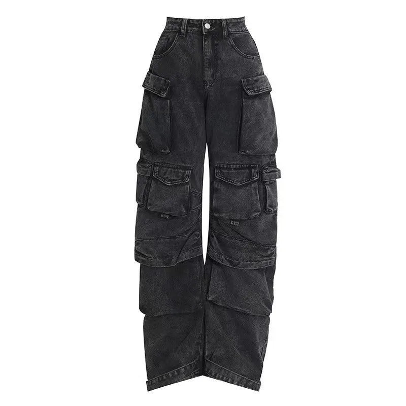 Women's high waist wide leg trousers with tie-dyed denim and multiple pockets in blue colour