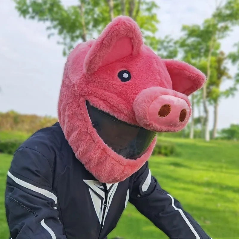 Pink pig cartoon design plush protective hood for motorcycle helmets with storage sleeve
