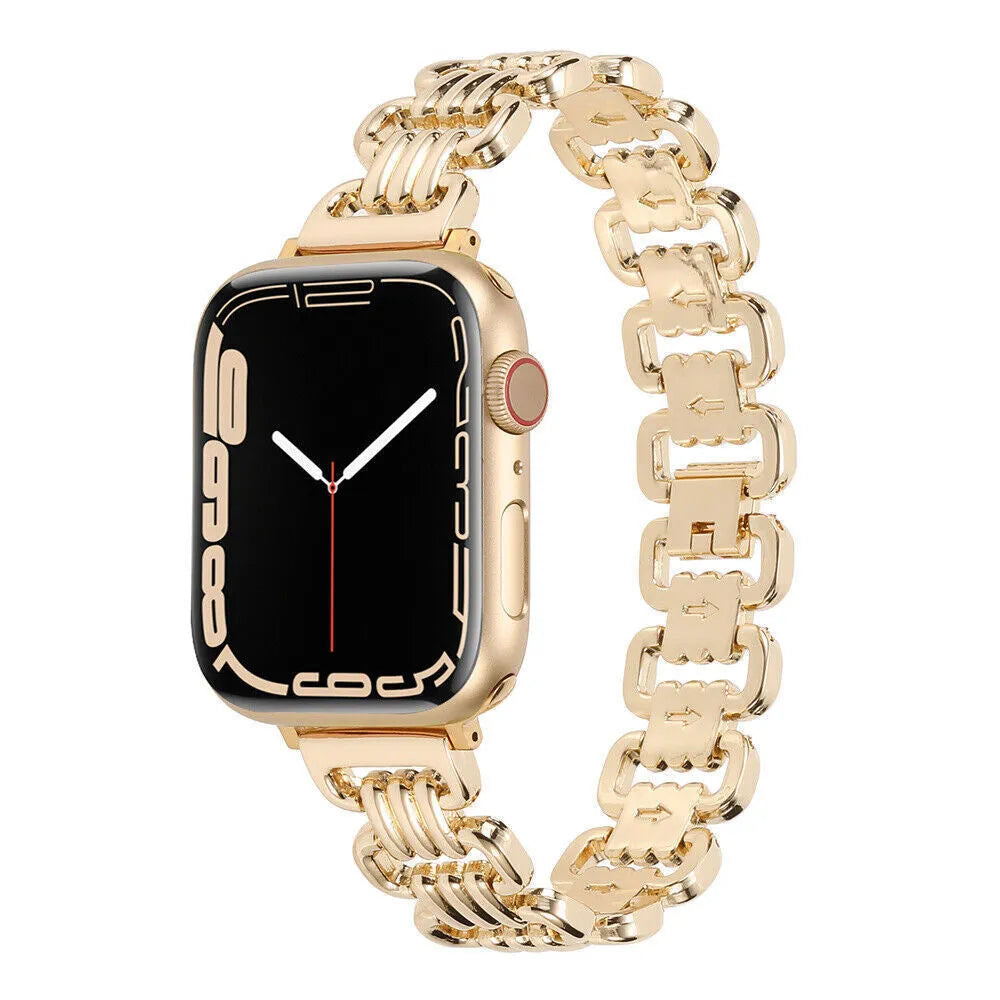 Alloy metal replacement bracelet for Apple Watch in silver, black, gold, rose gold and Starlight colours.