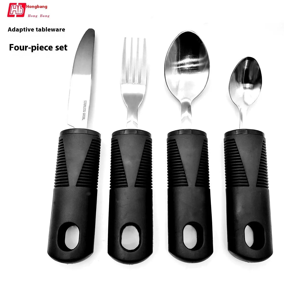 Stainless steel adaptive eating utensils with rubber anti-shake handles for elderly dining assistance