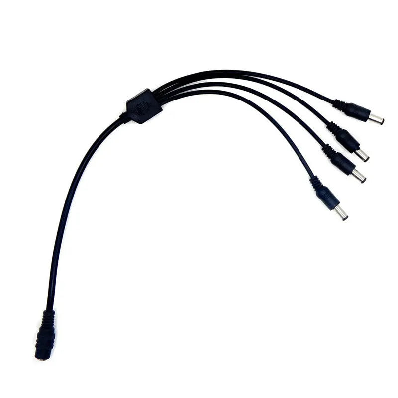 Black 12V DC 1-to-4 power splitter cable with five 5.5mm connectors for monitoring systems