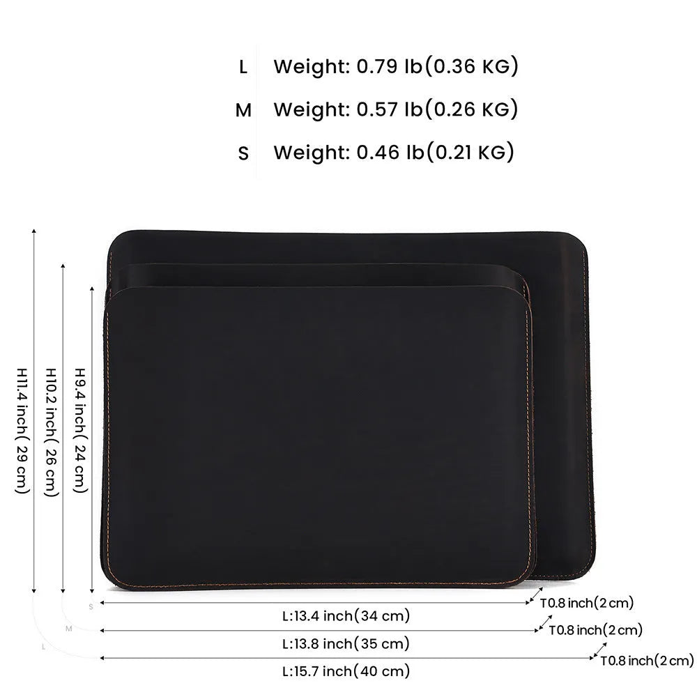Brown Crazy Horse leather horizontal computer liner bag with a laptop inside