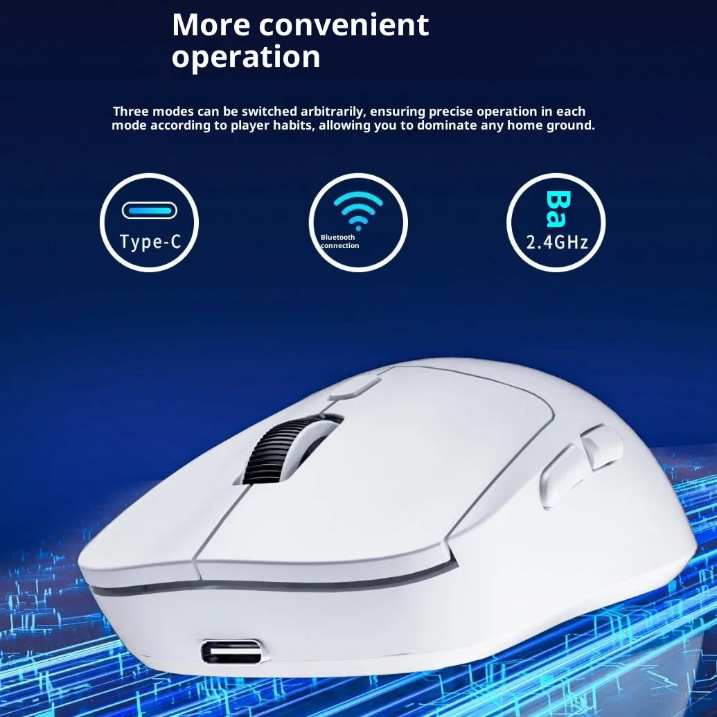 Three-mode wireless mouse in gradient grey white with self-charging USB port and quiet buttons