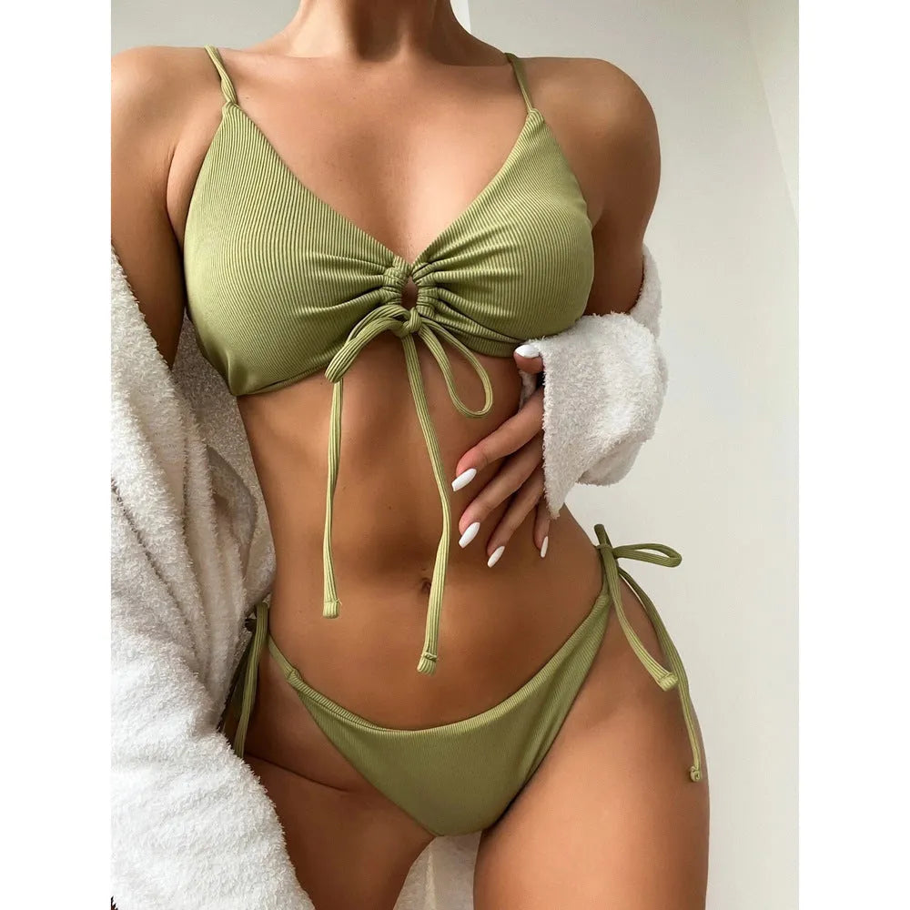 Women's army green drawstring bikini swimsuit set with triangle top and briefs