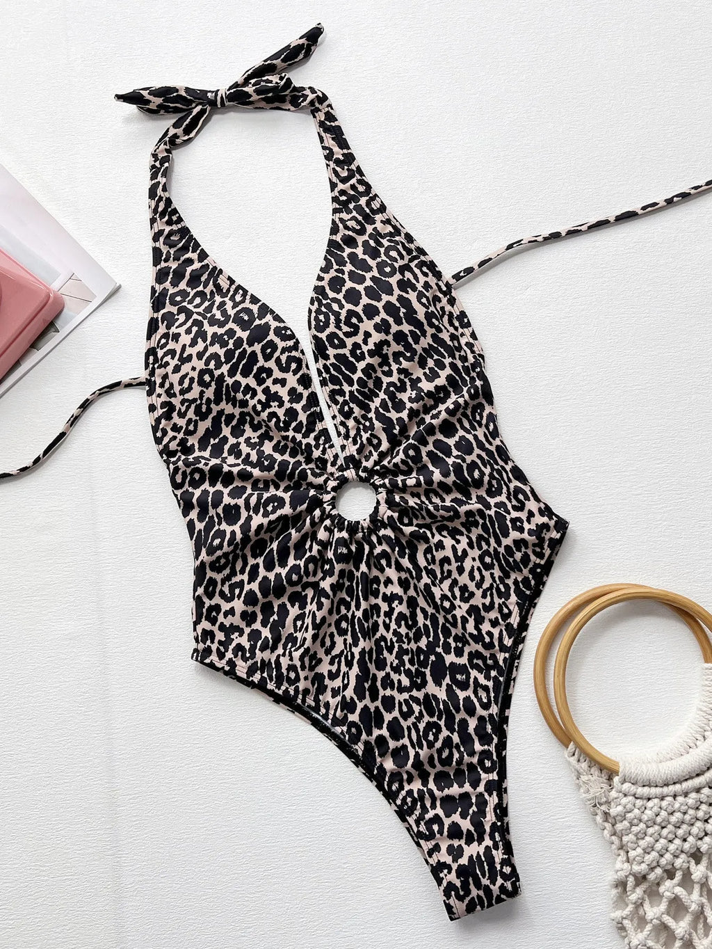 Leopard print women's one-piece swimsuit with hollow-out ring bikini style detailing