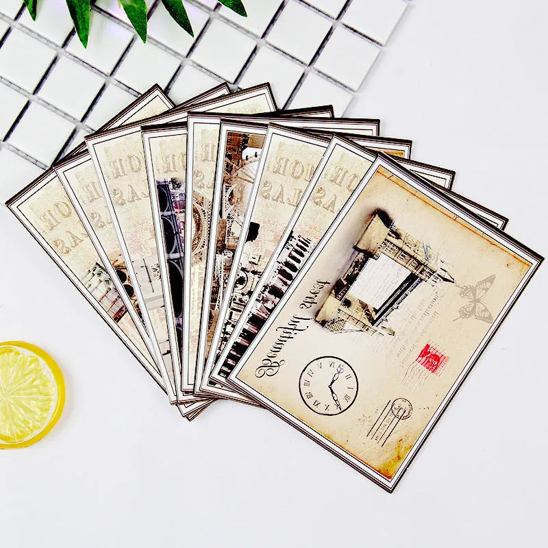 Nine retro Paris Tower postcards with Japanese style artwork for commemorative occasions