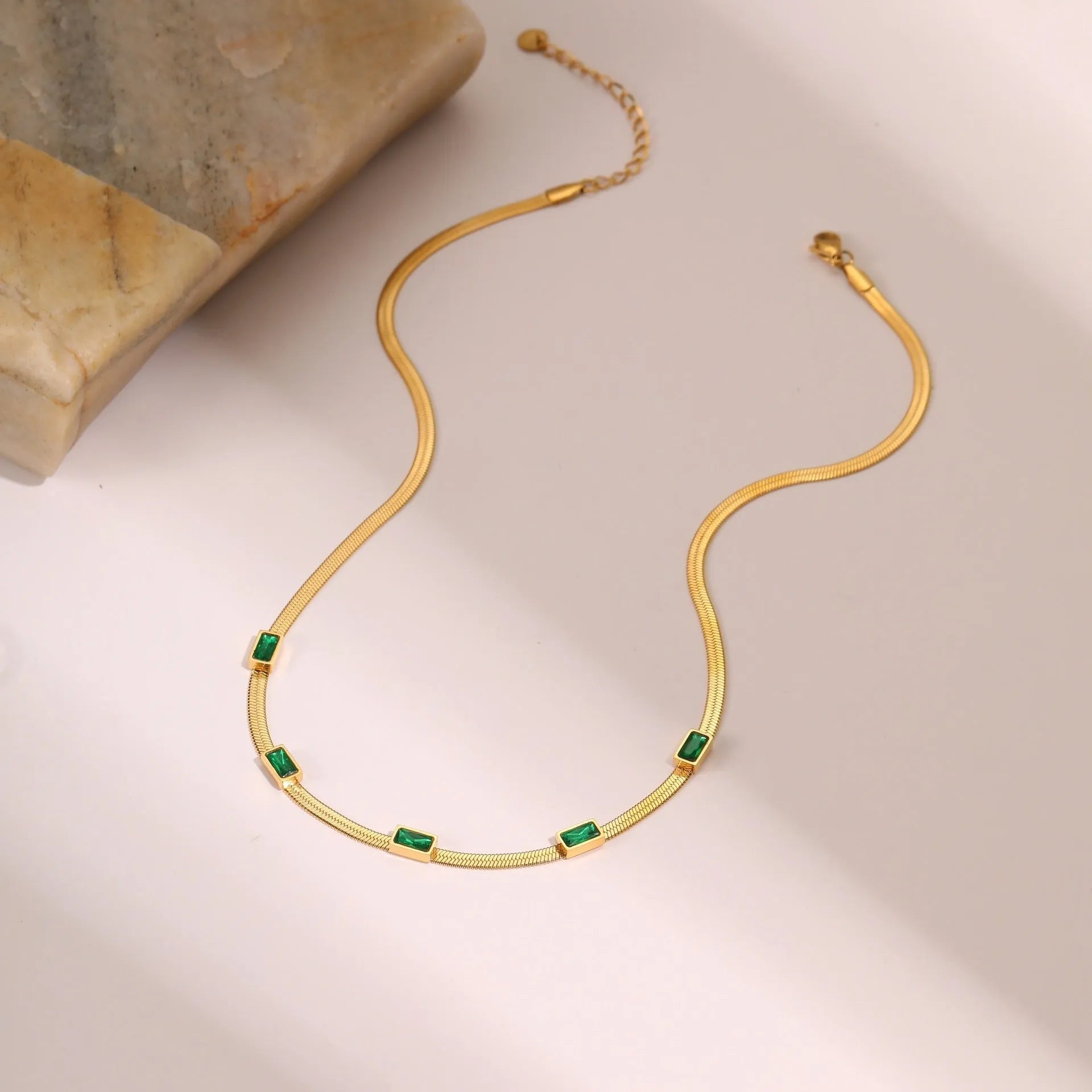 Geometric square zircon retro necklace with stainless steel flat snake chain and 18K gold plating