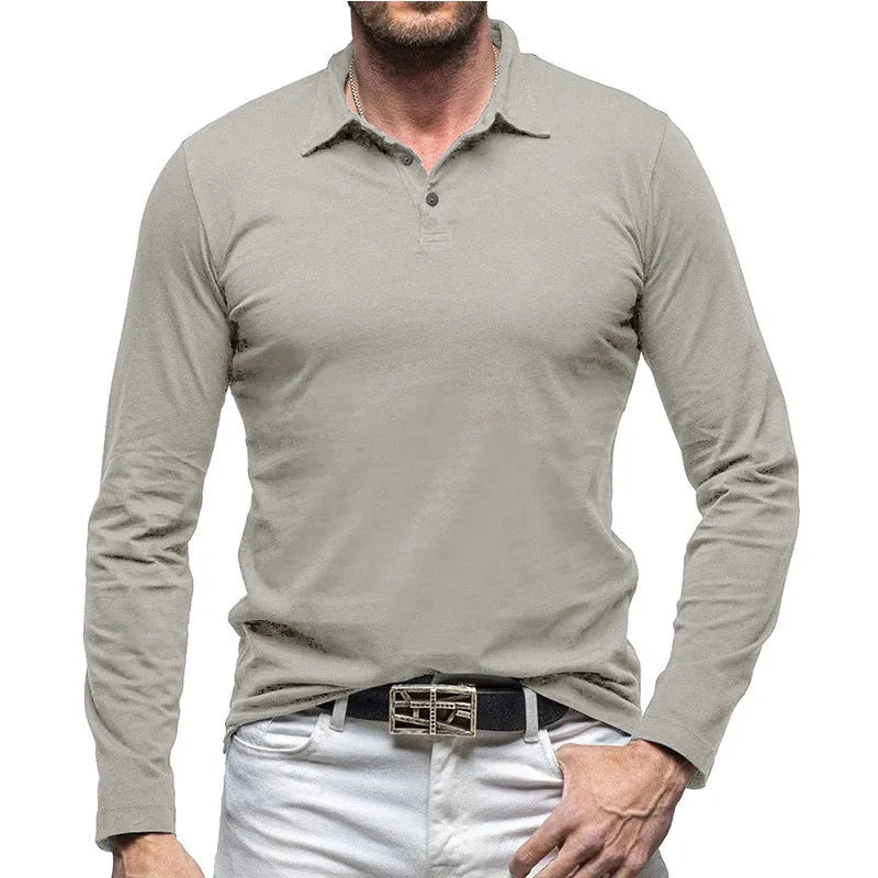 Men's polo collar long sleeve T-shirt in American retro style cotton fabric