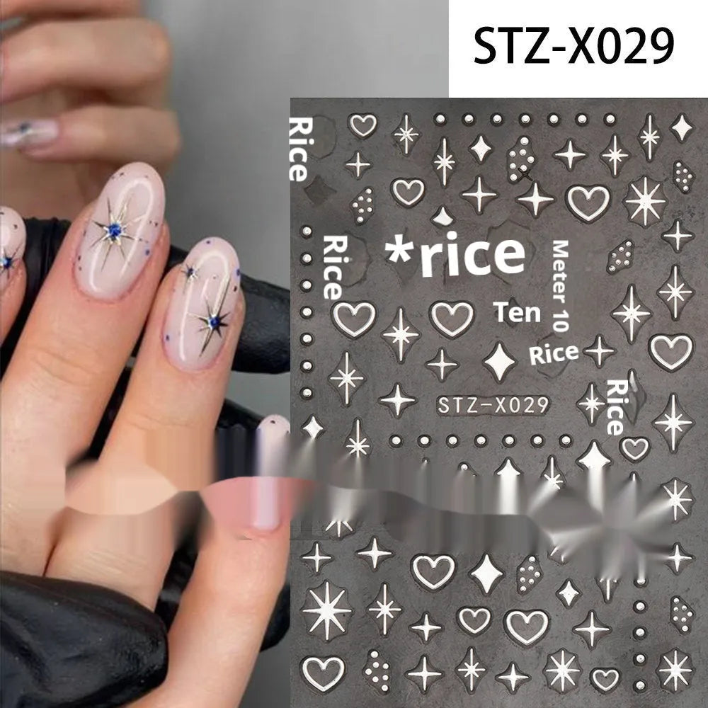 Close-up of a cartoon-style nail sticker with black and silver strips and a love pattern design on a fingernail.