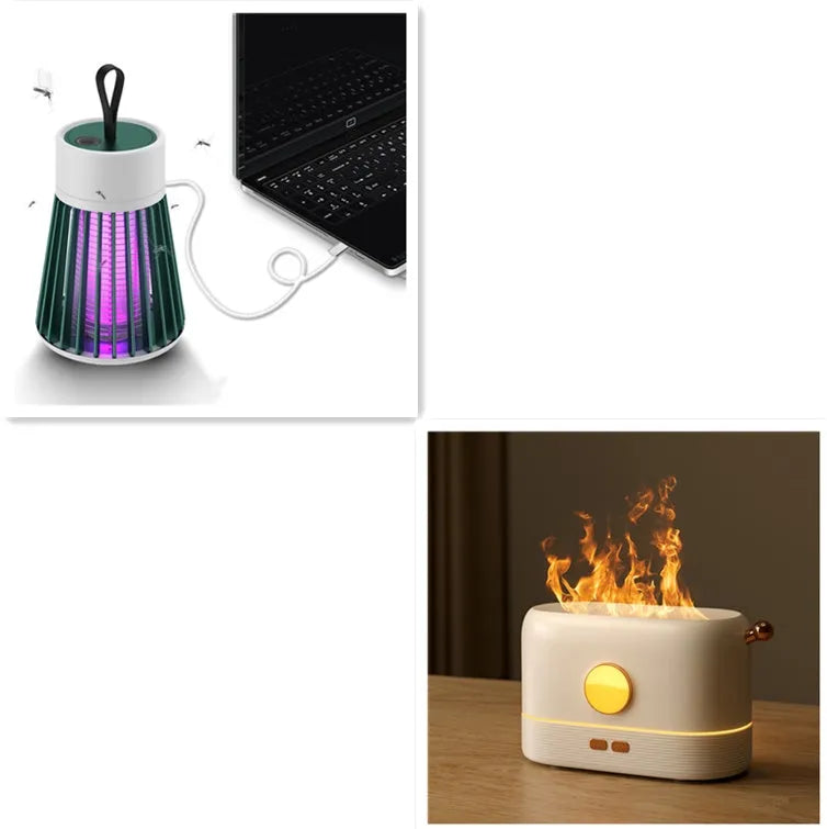 Black USB desktop humidifier diffuser with simulation flame effect and 200ml water tank.