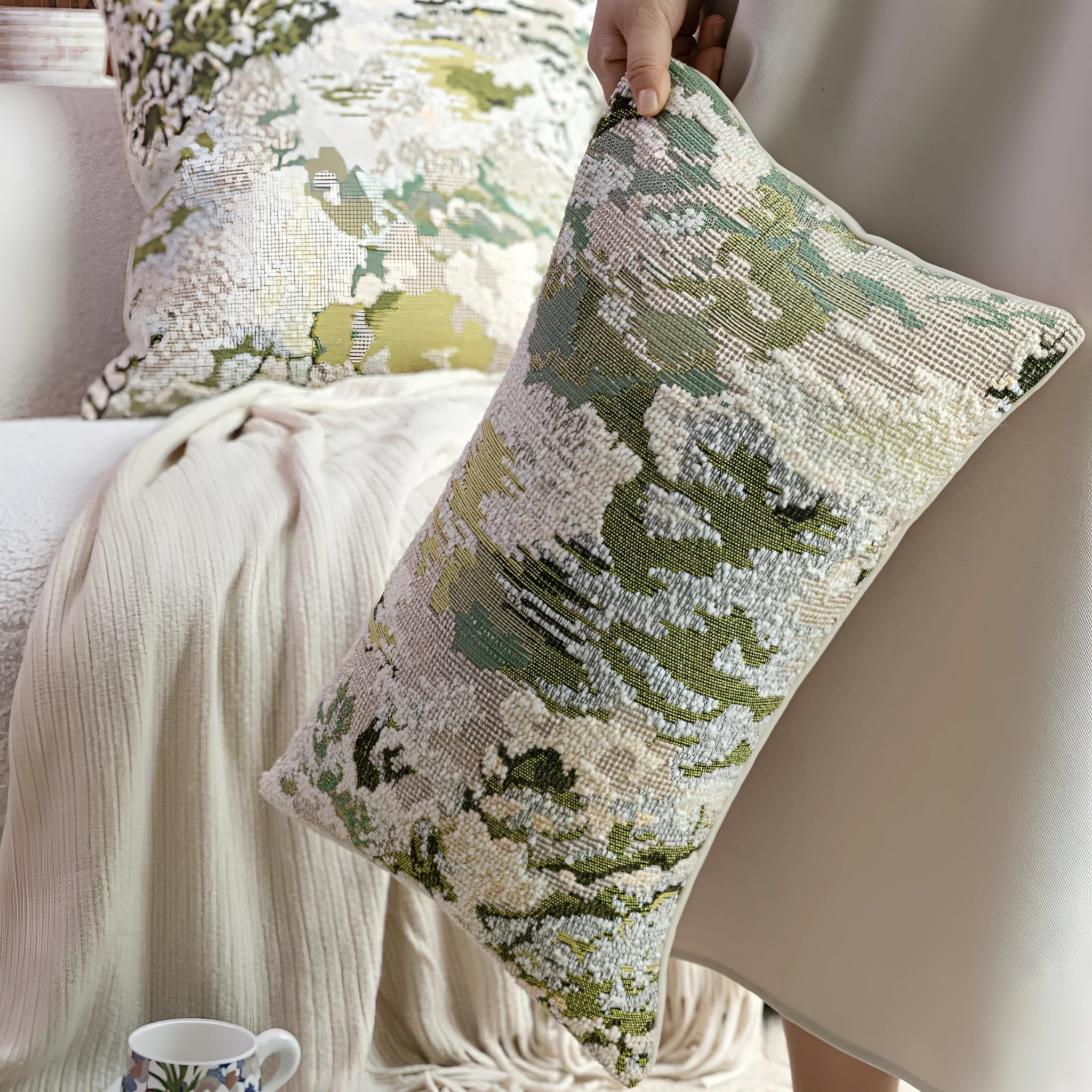 Green abstract floral wool blend decorative cushion on a neutral background.