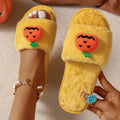 White and yellow pumpkin plush open-toe slippers with anti-slip PVC soles